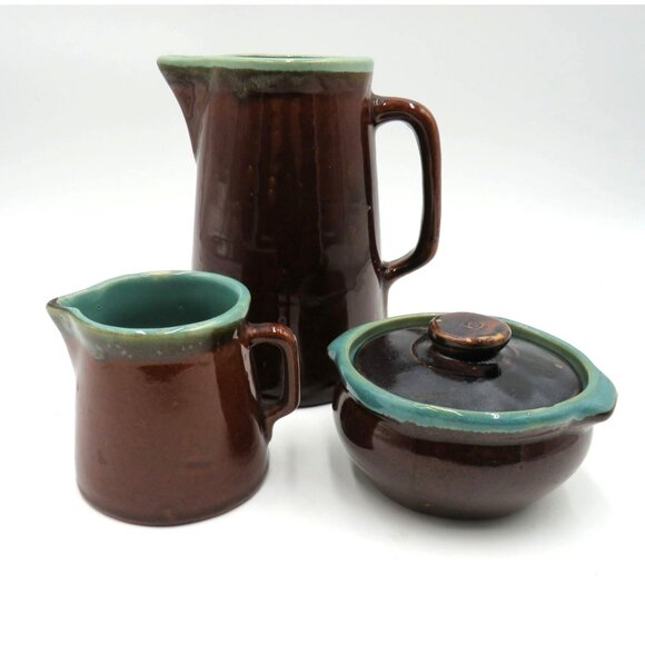 Country Fare Stoneware Set Brown Teal Ceramic Pitcher Creamer Lidded Sugar Bowl - Picture 1 of 11